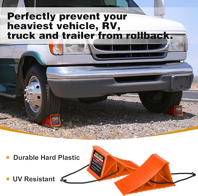 Wheel Chocks, 4 PACK Heavy Duty Wheel Chocks for Car with Rope for Easy Removal, Durable, Non-Slip, Hard Plastic Tire Stopper Blocks for RV, Camper, Trailer, Effective in Keeping Your Vehicle in Place