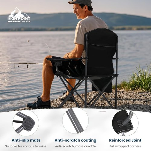 High Point Sports Oversized Camping Chair - Heavy Duty Portable Lawn Chair with Cup Holder | Supports 350 LBS, 2 Pack, Gray-Black