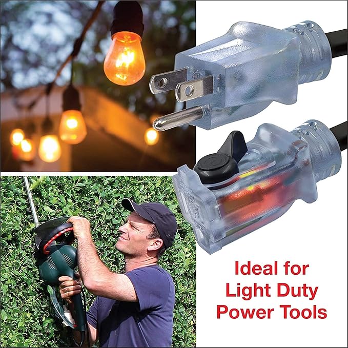 Clear Power 16 Gauge 3Prong Cords (Lighted Locking Connector, Black, 80 ft)