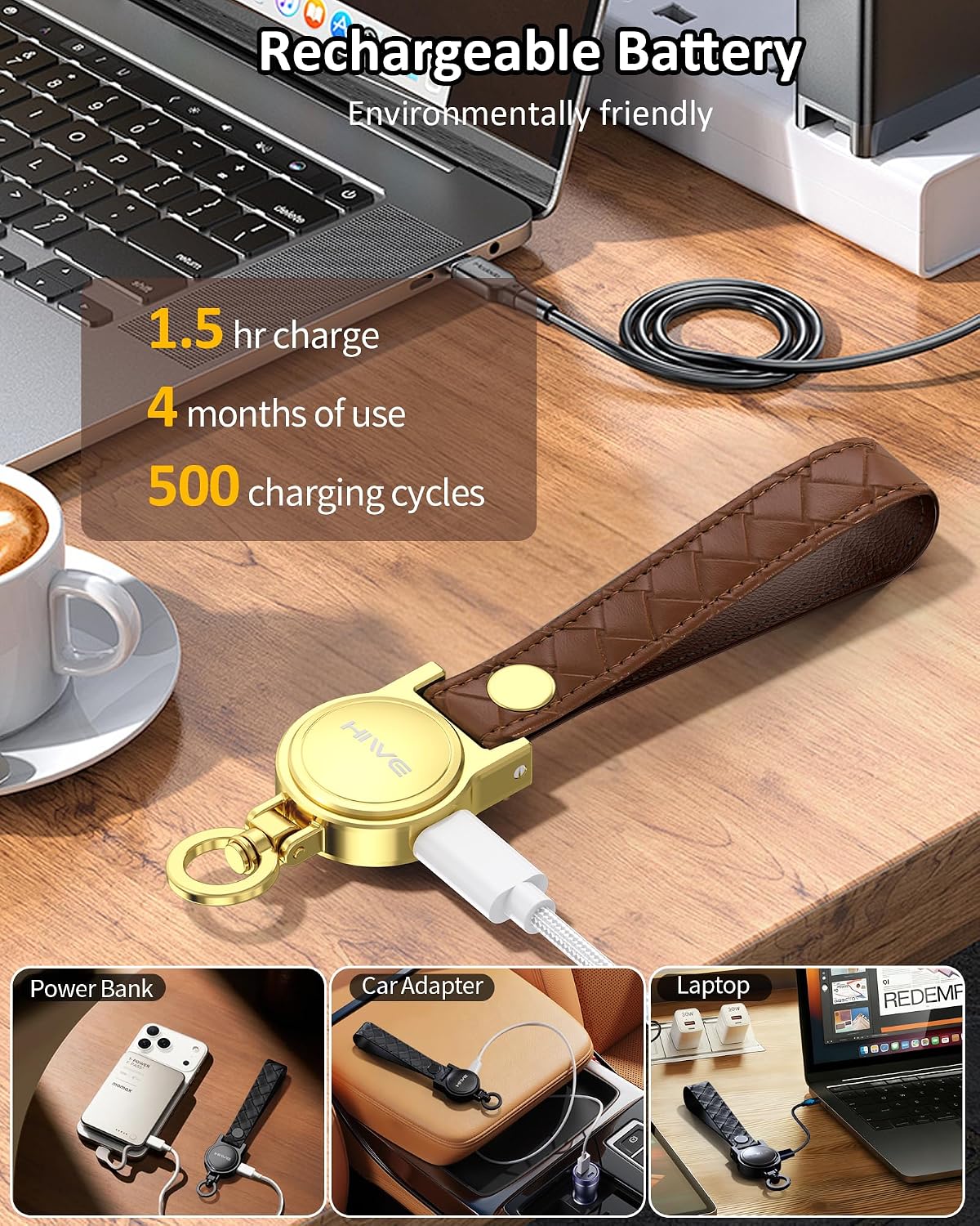 HiWe Anti-Lost Keychain, Works with Apple Find My, Carabiner Car Key Holder with Texture Leather Strap, Bluetooth Key Finder Tracker, USB-C Rechargeable, Brown