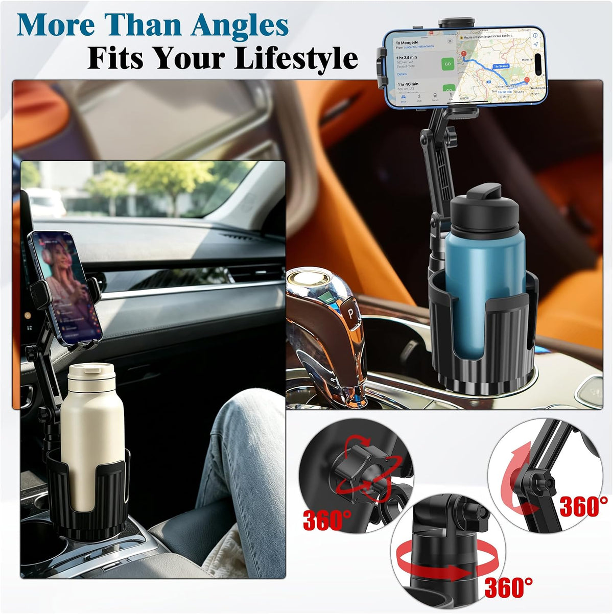 SAGRUILA 2-in-1 Cup Holder Phone Mount, Adjustable Phone Cup Holder for Car