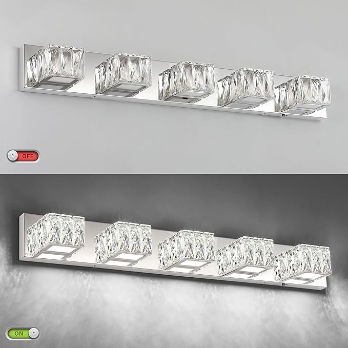 ZUZITO Modern Bathroom Vanity Light - 5 Light LED 5CCT Dimmable Vanity Lighting Fixtures - Crystal Chrome Bathroom Lights Over Mirror