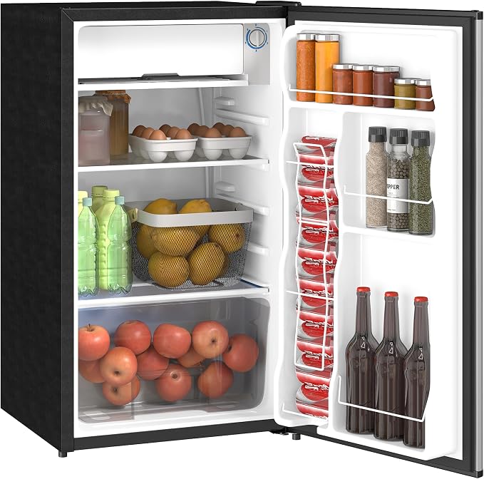 HOMCOM 3.2 Cu.Ft Mini Fridge with Freezer Single Reversible Door Silver | Compact Refrigerator, Adjustable Thermostat, Shelf, for Bedroom Dorm Home Office, Energy Efficient