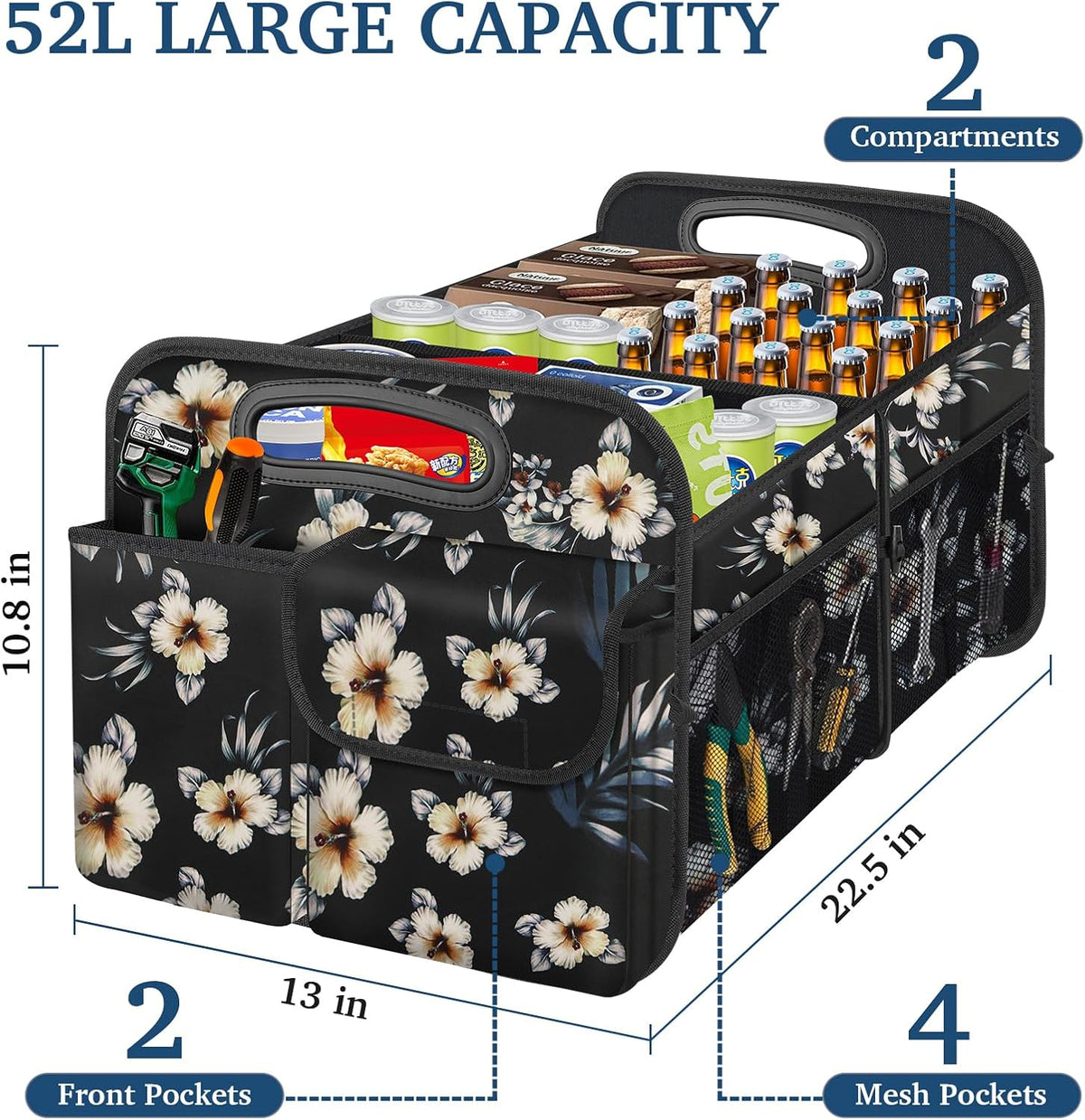 Femuar Car Trunk Organizer, Car Storage Organizer with Large Capacity Waterproof Collapsible Trunk Organizer for Car Suv/Jeep/Sedan (Hibiscus flowers, Standard)