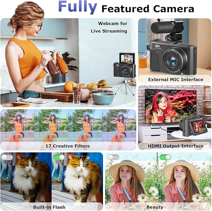 8K Digital Camera for Photography, 88MP Autofocus Vlogging Camera for YouTube