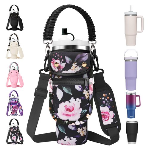 AceTreker 30 40 oz Water Bottle Sling Holder for Stanley Tumbler with Handle, Neoprene Vacuum Coffee Mug Carrier Pouch with Paracord Handle, 2 Pockets, Straw Cover for Car Gym Walking-Black Rose
