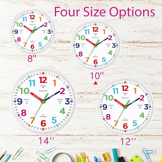 Roymnie Wall Clock 10 Inch for Kids Learning Kids Teaching Clock Analog Silent
