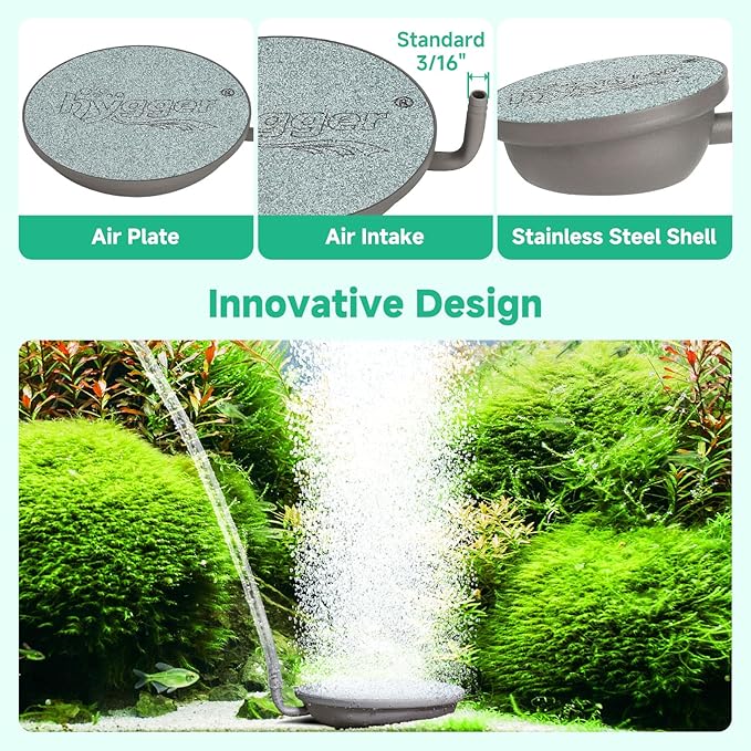 hygger Aquarium Air Stone, 1.5 Inch Fish Tank Bubbler Stone Kit Makes Super Tiny Bubbles, Ultra-High Dissolved Airstone with Stainless Steel Base Aquarium Fish Tank and Hydroponic
