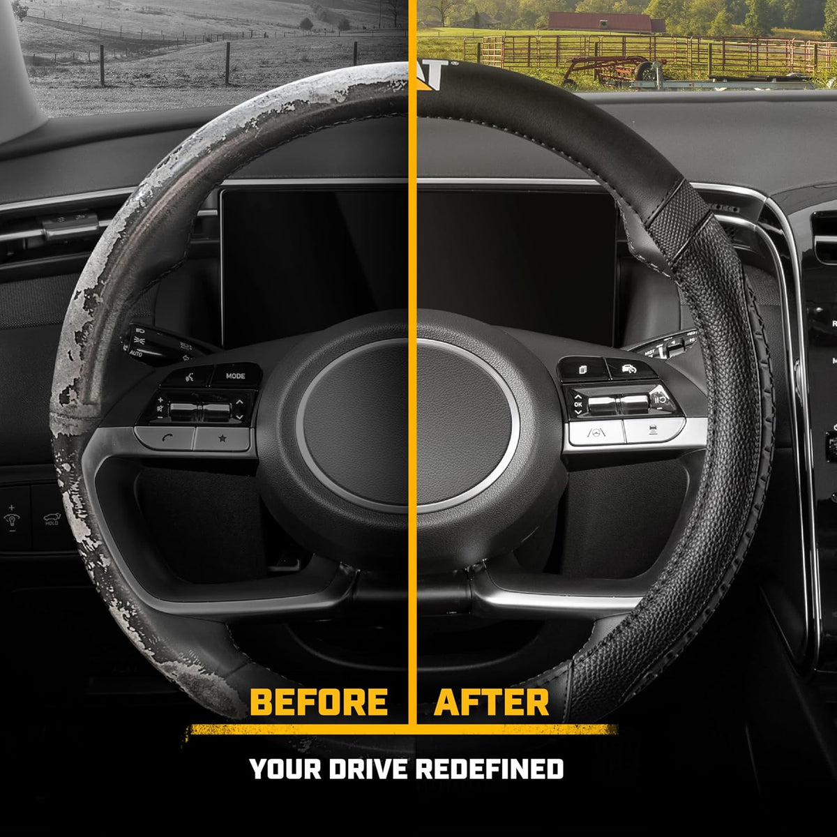 CAT® DuraGrip Car Steering Wheel Cover, Black Tire Tread Traction Design, Auto Steering Wheel Cover for Cars Trucks Vans SUVs, Improve Grip and Control, Durable Comfortable - Large 15"-16" Inches