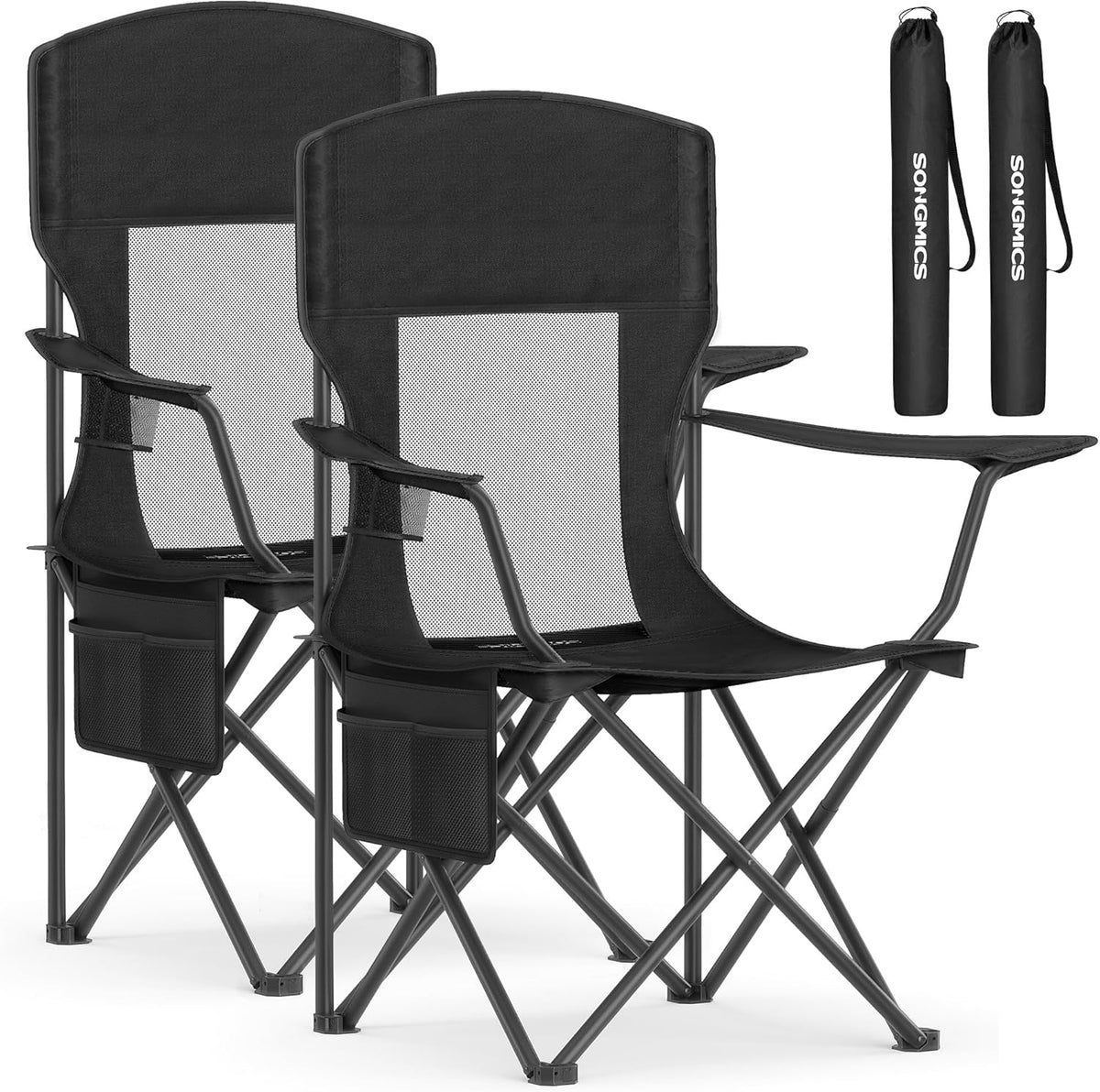 SONGMICS Foldable Camping Chairs - Breathable High Back Design with Adjustable Armrests & Drink Holder | Set of 2, Ink Black, 330 lb Capacity