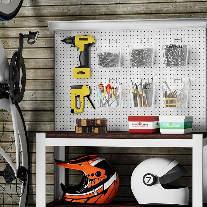 G.CORE Large Pegboard Cups Peg Board Storage Bin 6 Pack with Hooks, Square Box Shape Pegboard Cup Holder Accessories for Garage Workbench/Craft Room/Office/Playroom/Home Kitchen Organization (Clear)