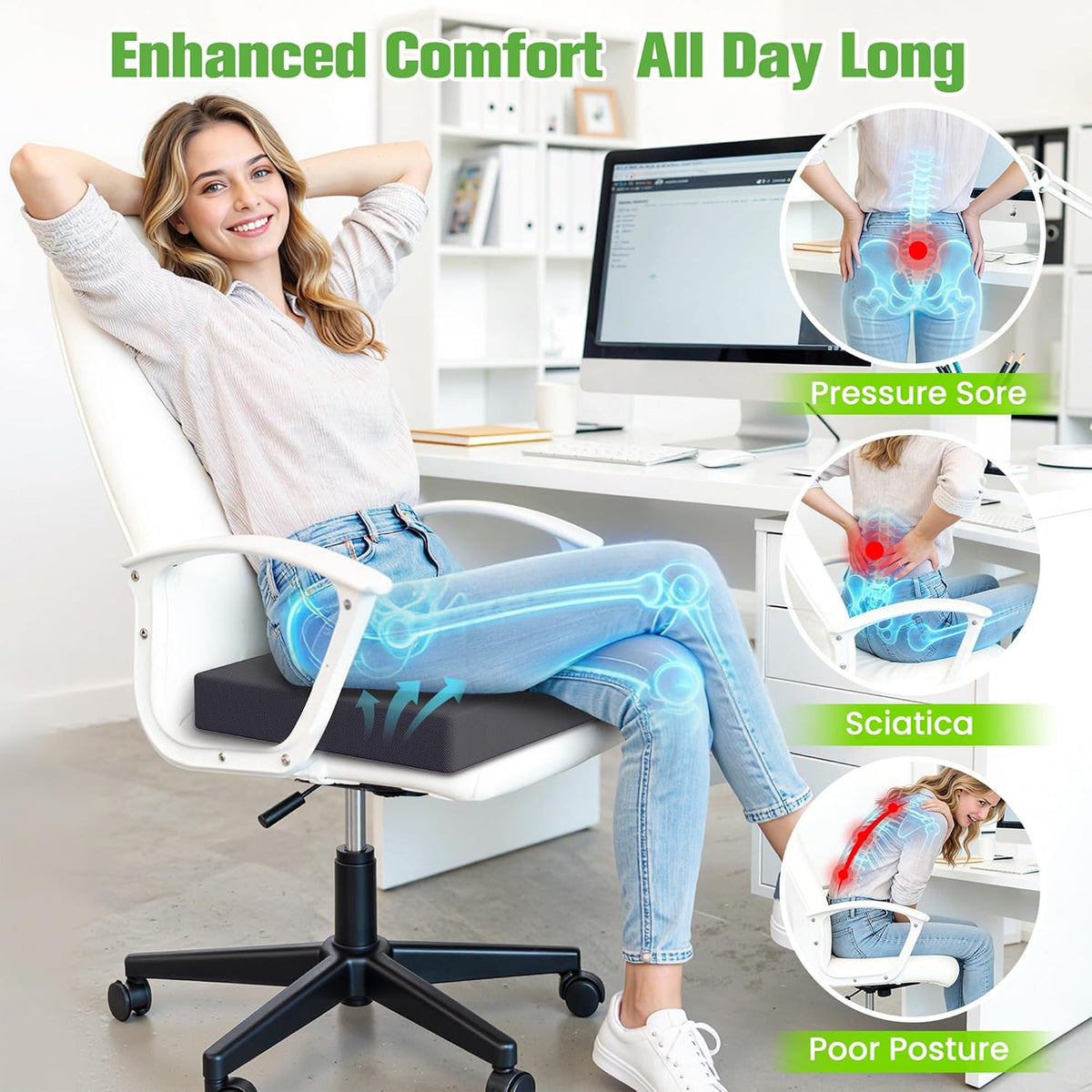 Seat Cushion for Office Chairs, Memory Foam Chair Cushion with Patterned Core for Even Support, Back, Tailbone & Sciatica Relief, Chair Pillow with Carry Handle for Car, Wheelchair(Gray