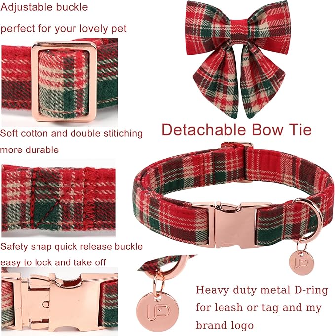 Christmas Plaid Dog Collar with Bow Tie– Adjustable Red & Green Checkered Dog Collar for Small Medium Large Dogs, Soft Xmas Plaid Puppy Collars with Quick Release Buckle XS