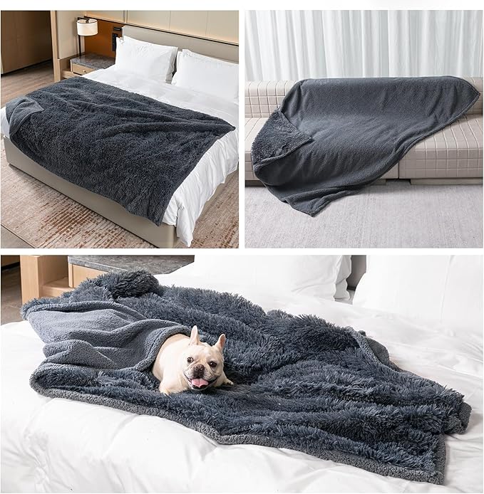 Waterproof Dog Calming Blanket 40x28in Gray Pet Throw Blankets for Dogs Cats Fluffy Long Faux Fur Puppy Couch Cover Reversible Love Bed Mat Washable(Gray,S)