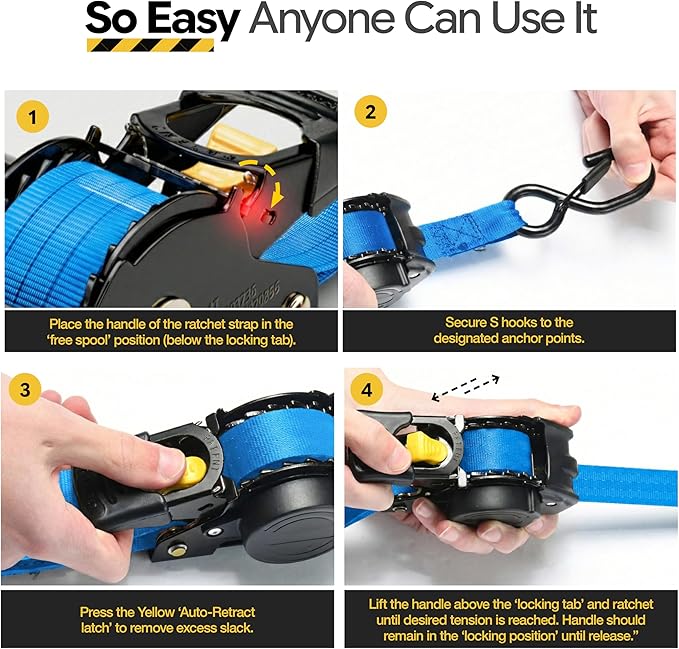 AUGO Retractable Ratchet Straps | 2 Heavy Duty Ratchet Straps Self Retractable Tie Downs with Soft Loops & Storage Bag for Motorcycle, Truck, Trailer, Cargo Van | 1200 Lb Break Strength 1” x 10’