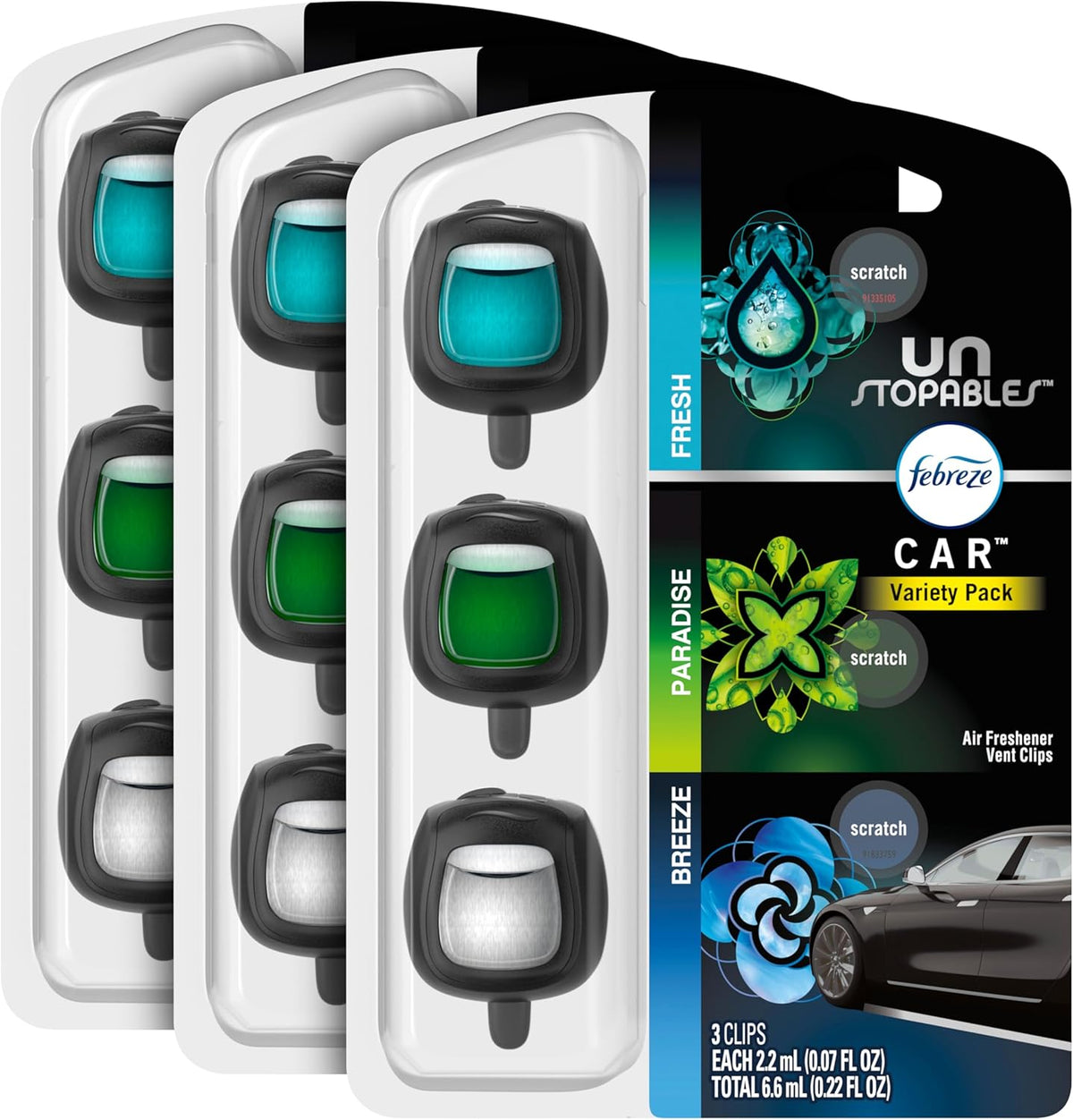 Febreze Car Air Freshener Odor-Fighting Car Vent Clip, Unstopables Variety Pack, 3-Count Pack of 3