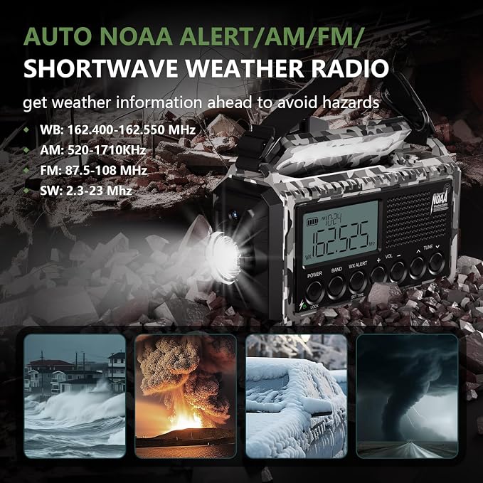 Emergency Radio 12000mAh AUTO NOAA Weather Radio, Solar Hand Crank Portable