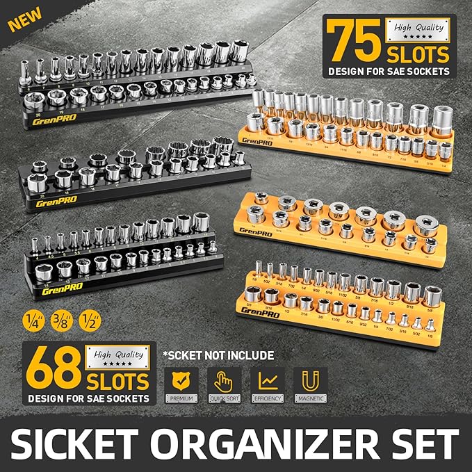 Socket Organizer for Tool Box Drawer, 6pc 143 Metric & SAE Magnetic Socket Holder, 1/4", 3/8", 1/2" Drive Socket Tray Set, Magnetic Socket Organizer