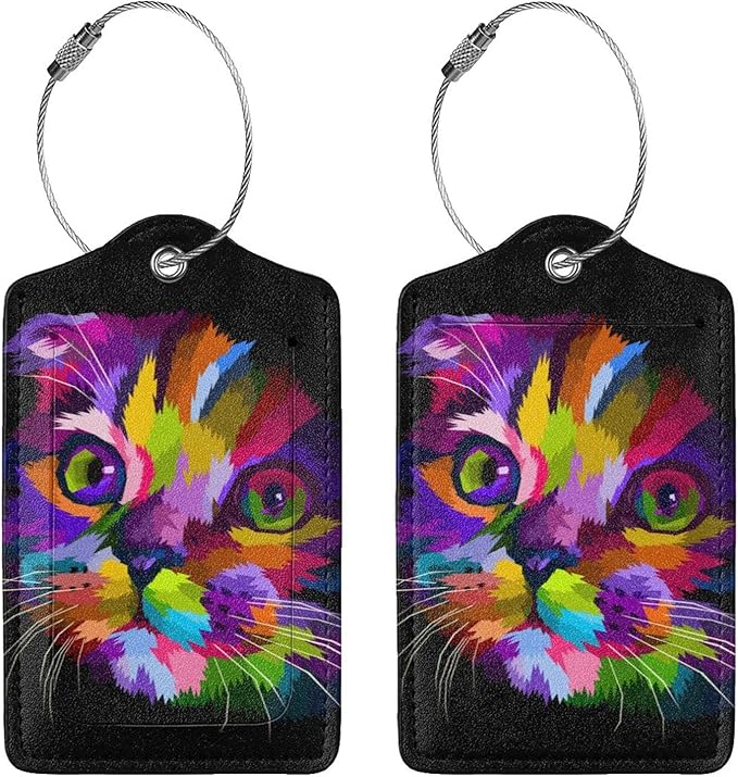 Cute Cat Leather Luggage Tags for Adults Teens, 2 Pack Colorful Art Kitten Animal Travel Bag Suitcase Labels with Stainless Steel Loop ID Tags Card Baggage Bag Label