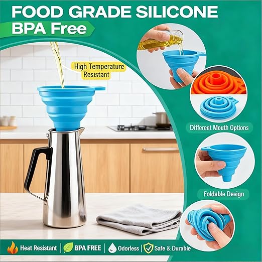 3PCS Silicone Funnel Set, Flexible Rubber Kitchen Funnels for Filling Bottles, Small Medium Large Food Grade Funnel for Essential Oils, Spices, Powder, Cooking, Liquid, Perfume, Flask