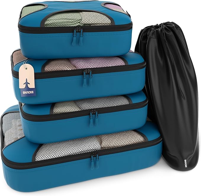 Shacke Premium 5 Packing Cubes Set - Lightweight Mesh Travel Luggage Organizers with Laundry Bag, 5-Piece Suitcase Storage System (Gentlemen's Blue)