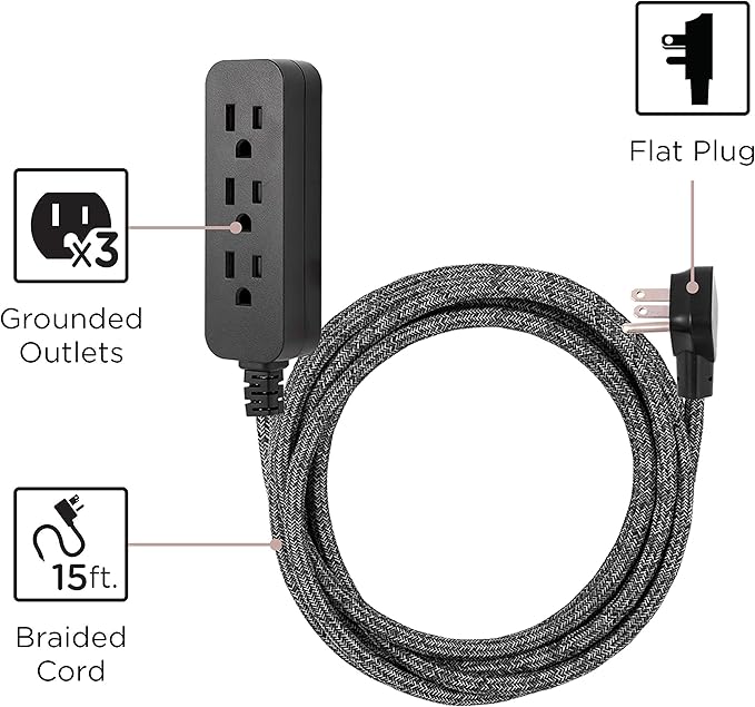 Cordinate 3-Outlet Power Strip Extension Cord with Multiple Outlets 15 Ft Braided Long Cord, Grounded Flat Plug, ETL Listed Gray 50012