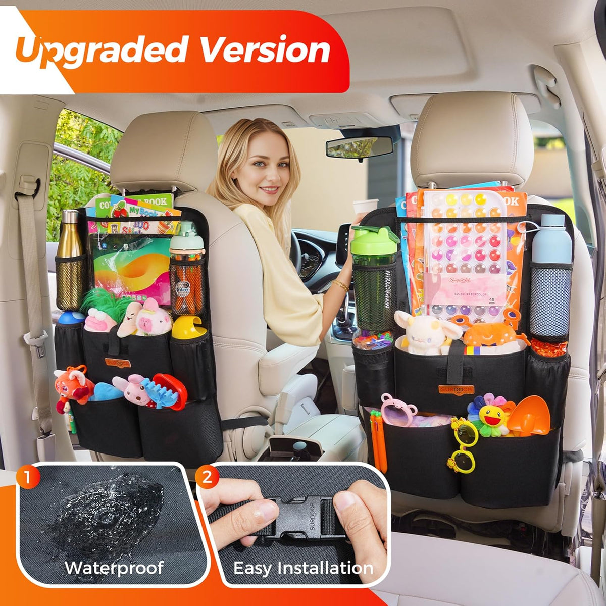 SURDOCA Car Organizers and Storage, Upgraded Car Seat Organizer with 11-inch Touch Screen Tablet Holder, Backseat Car Organizer with 8 Pockets, Car Seat Protector Road Trip Essentials for Kids