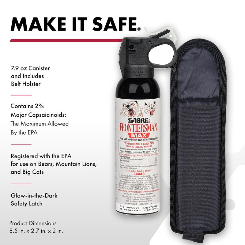 Sabre Frontiersman MAX Bear Spray – 40 ft Range, Maximum Strength, The Only EPA-Registered Spray for Bears & Mountain Lions, 7.9 oz, Glow Safety Clip, Outdoor Hiking & Camping Protection