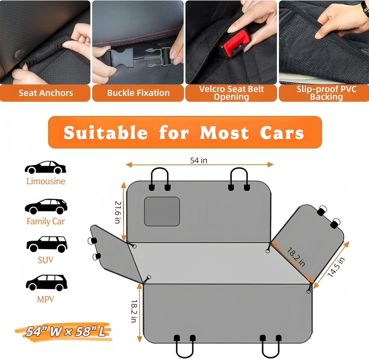 Dog Car Seat Cover for Back Seat,Heavy Duty Dog Hammock for Car with Side Flap,100% Waterproof Pet Backseat Cover, Anti-Scratch Nonslip Pet Seat Protector for Cars Trucks and SUV (Black with Orange)