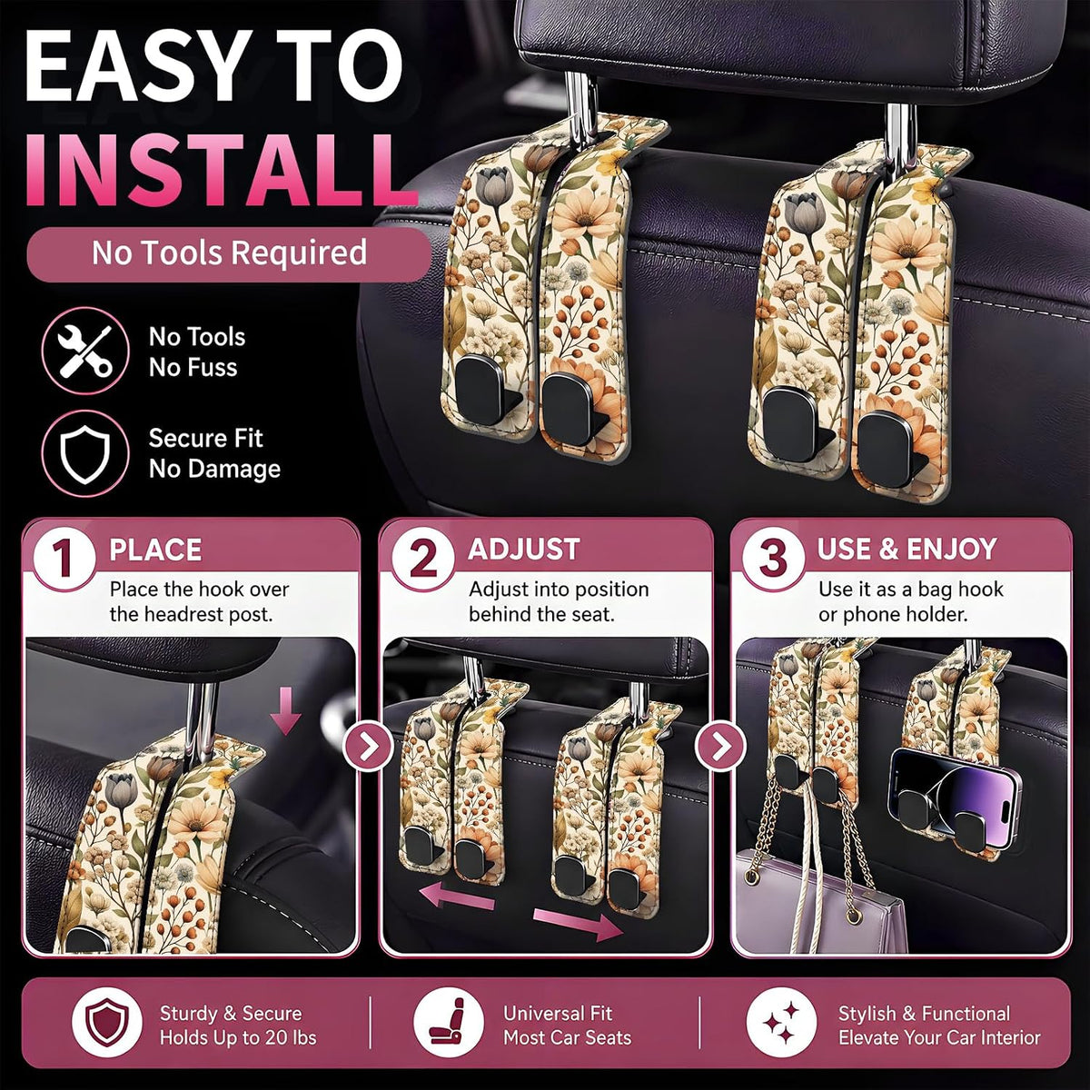 Car Seat Back Storage Hook, Funny Car Purse Hook, Cute Vehicle Storage Organizer for Purses Handbags Boho Floral Pattern