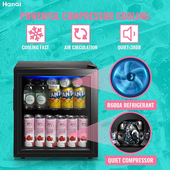Mini Fridge Cooler 60 Can Beverage Refrigerator Black Mini Beer Fridge Glass Door for Wine Soda Juice Small Drink Cooler Machine Clear Front Removable for Home Office Bar Freestanding