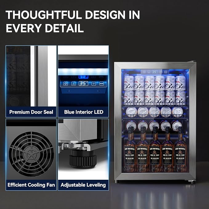 Tehanld 2.5 Cu.Ft Beverage Fridge, Glass Door Mini Fridge, Silver, 96 Can | Adjustable Shelves for Wine & Beer, Digital Temp, Holds Up to 96 Cans, Freestanding for Home & Office