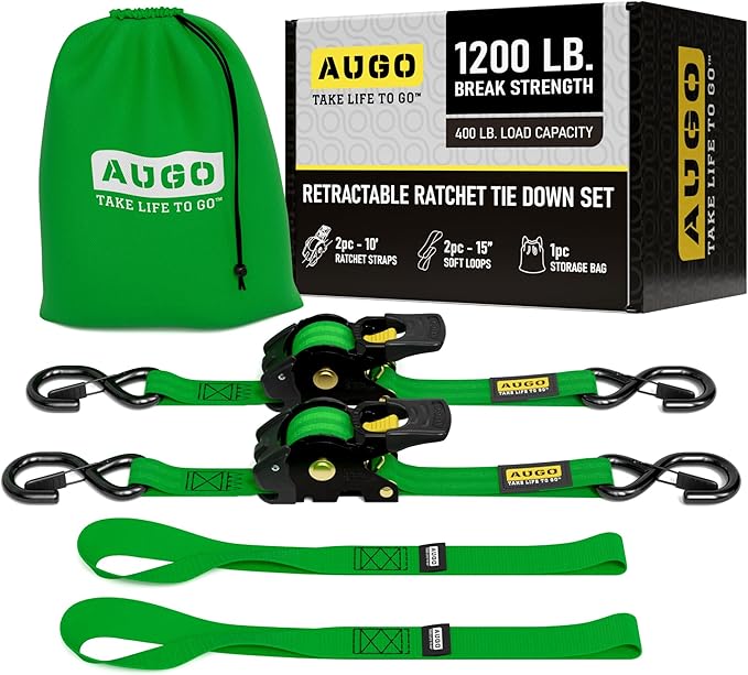 AUGO Retractable Ratchet Straps | 2 Heavy Duty Ratchet Straps Self Retractable Tie Downs with Soft Loops & Storage Bag for Motorcycle, Truck, Trailer, Cargo Van | 1200 Lb Break Strength 1” x 10’