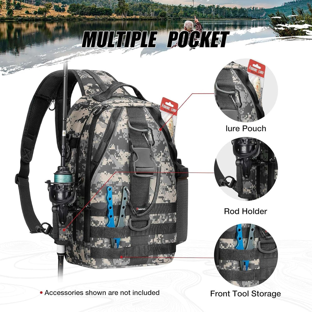 Piscifun Fishing Backpack - Lightweight Sling Bag with Rod Holder for Gear Storage