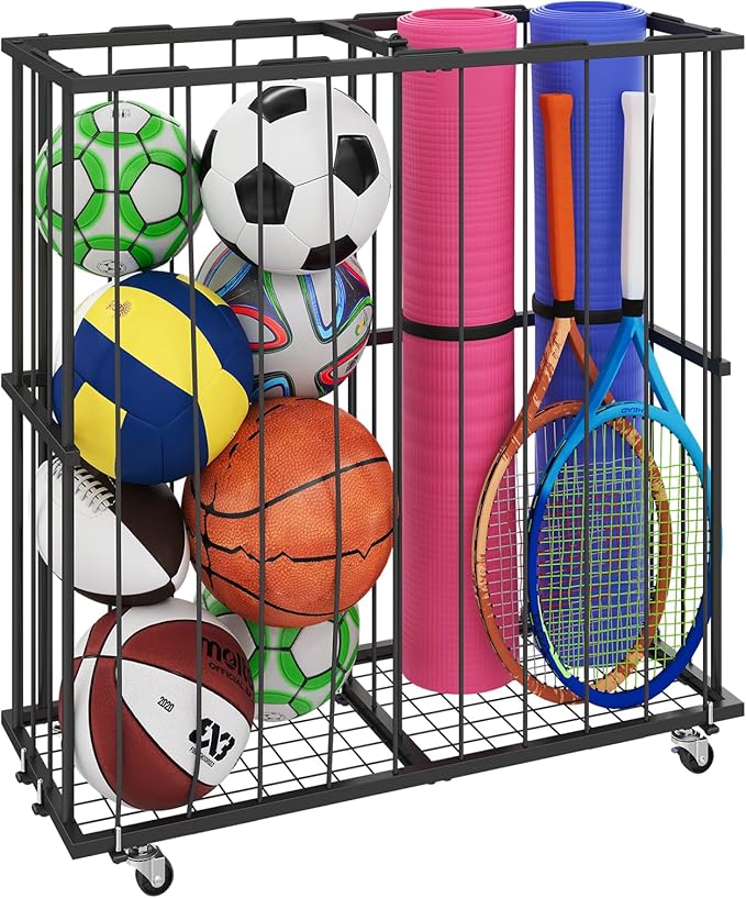 Large Garage Ball Storage, Rolling Floor Sports Equipment Organizer: Freestanding Ball Rack with Elastic Rope–, Ball Holder for Basketball, Soccer, Football, Volleyball, Garage, Gym, Black