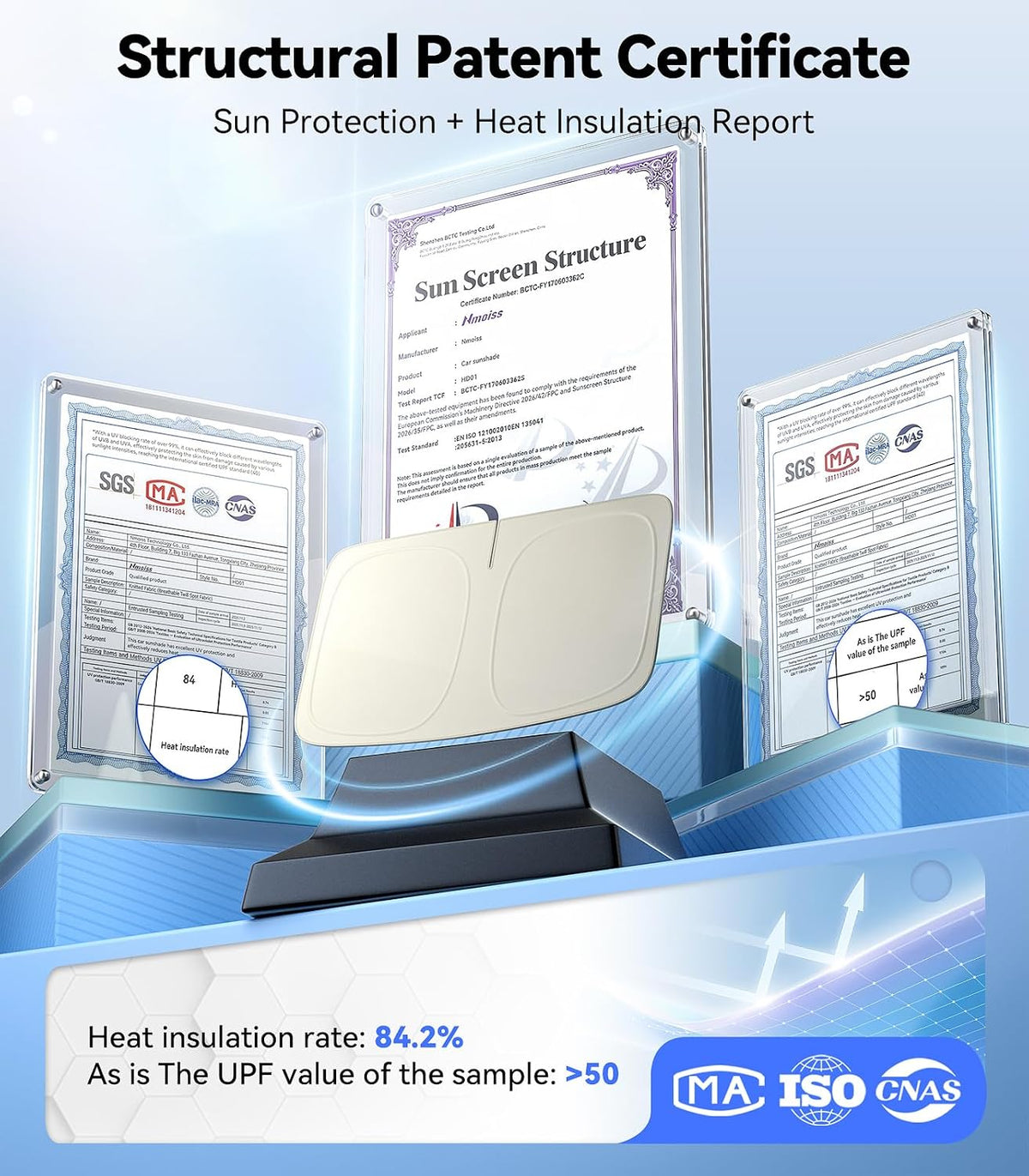 Nmoiss Ice Silk Air-Cooled Car Windshield Sun Shade, [Enjoy Superior Coolness & Comfort] 84.2% Heat Insulation UPF>50 UV Block Interior Protection, Universal Fit for Car SUV Truck, Medium 64"x32"