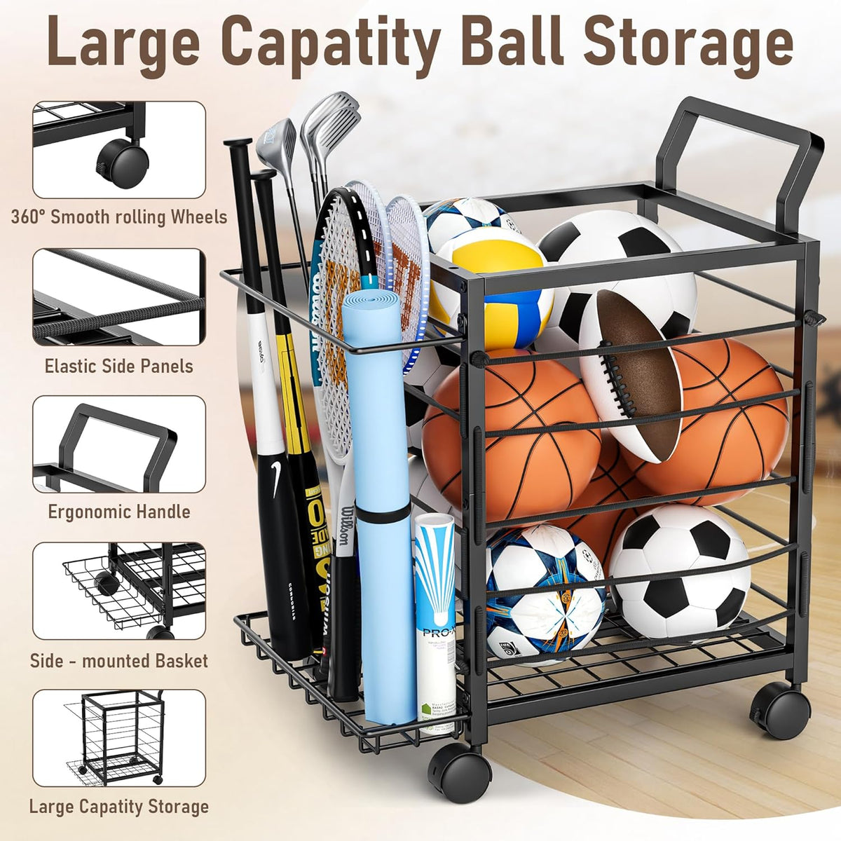 Skiennix Sports Equipment Garage Organizer - Upgraded Ball Storage Rack with Wheels | Black