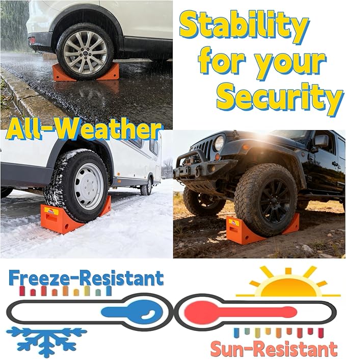 Heavy Duty Orange PU Wheel Chocks with Reflective Strips - Set of 2/4,S/M,All-Weather, Non-Slip & Portable Parking Security for Truck, RV, Trailer (4, M)