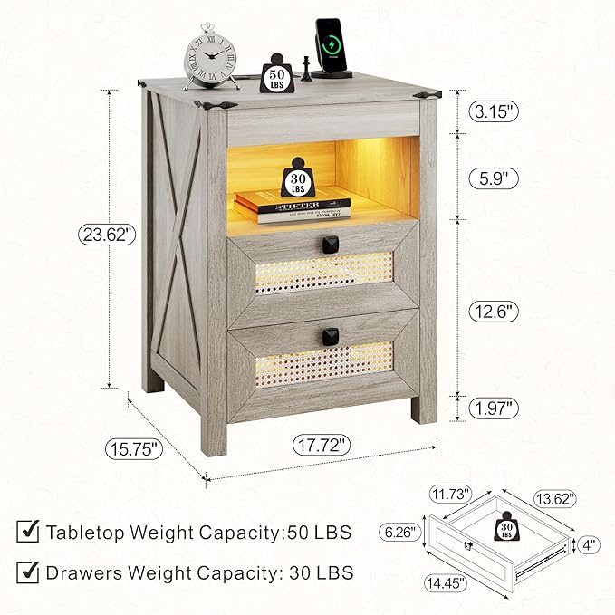 Grey Night Stand Set 2 with Gun Drawer, Bedside Table with Charging Station, LED Nightstand with Human Sensor Light, Farmhouse End Table for Bedroom Living Room