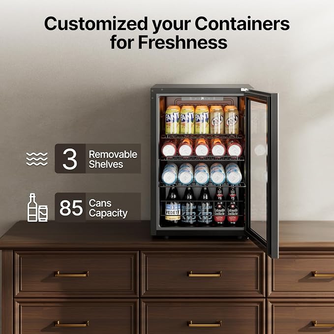 Ca'Lefort 85 Cans Mini Fridge, Beverage Refrigerator Cooler for Drink, Beer | 2.18 Cu.ft, Low-noise, Reversible Glass Door, 3-Color LED Lighting, Adjustable Shelves, 34℉ to 54℉