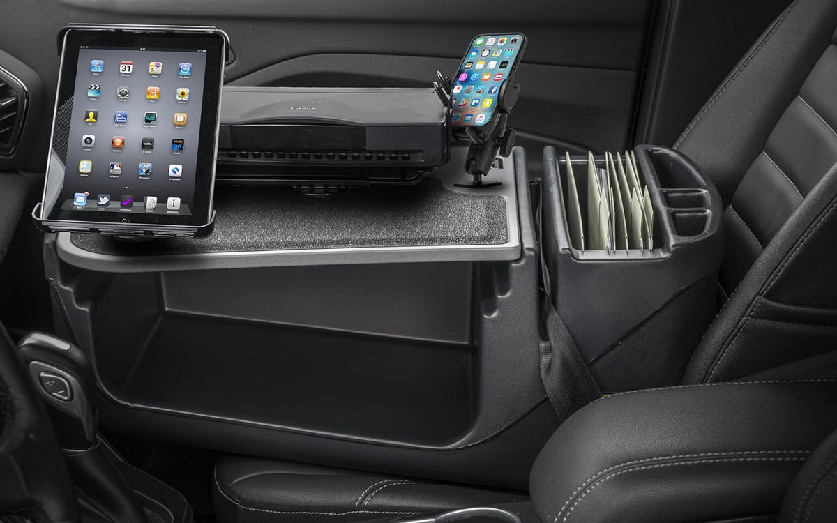 AutoExec Efficiency GripMaster Car Desk for Your Vehicle Workstation and Mobile Office, Grey with Phone Mount, Tablet Mount and Printer Stand
