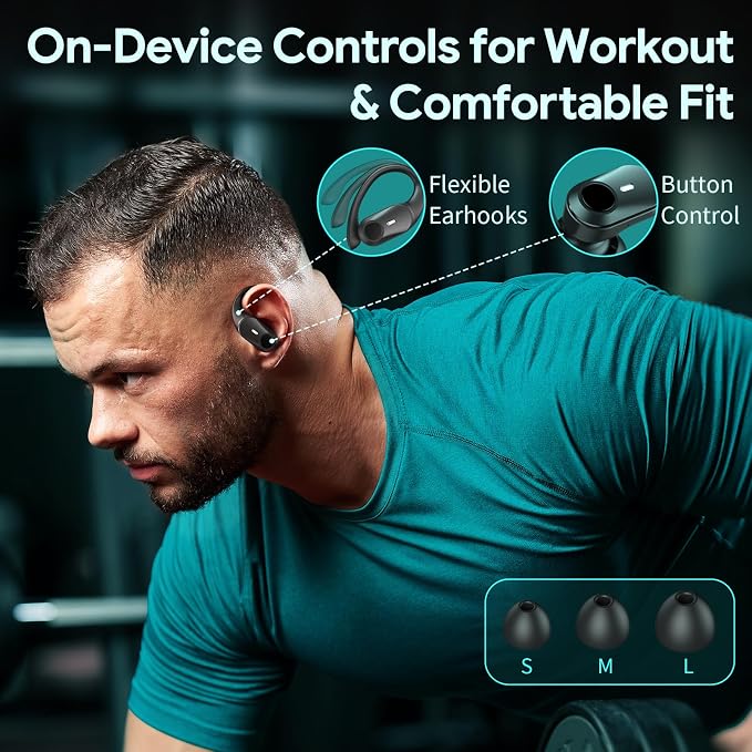 Active Noise Cancelling Ear Buds Wireless Earbuds 80H Playtime Bluetooth Headphones with LED Display Case, Hi-Res Audio Clear Calls Earphones with Over Ear Hooks for Running Gym Workout Travel Black