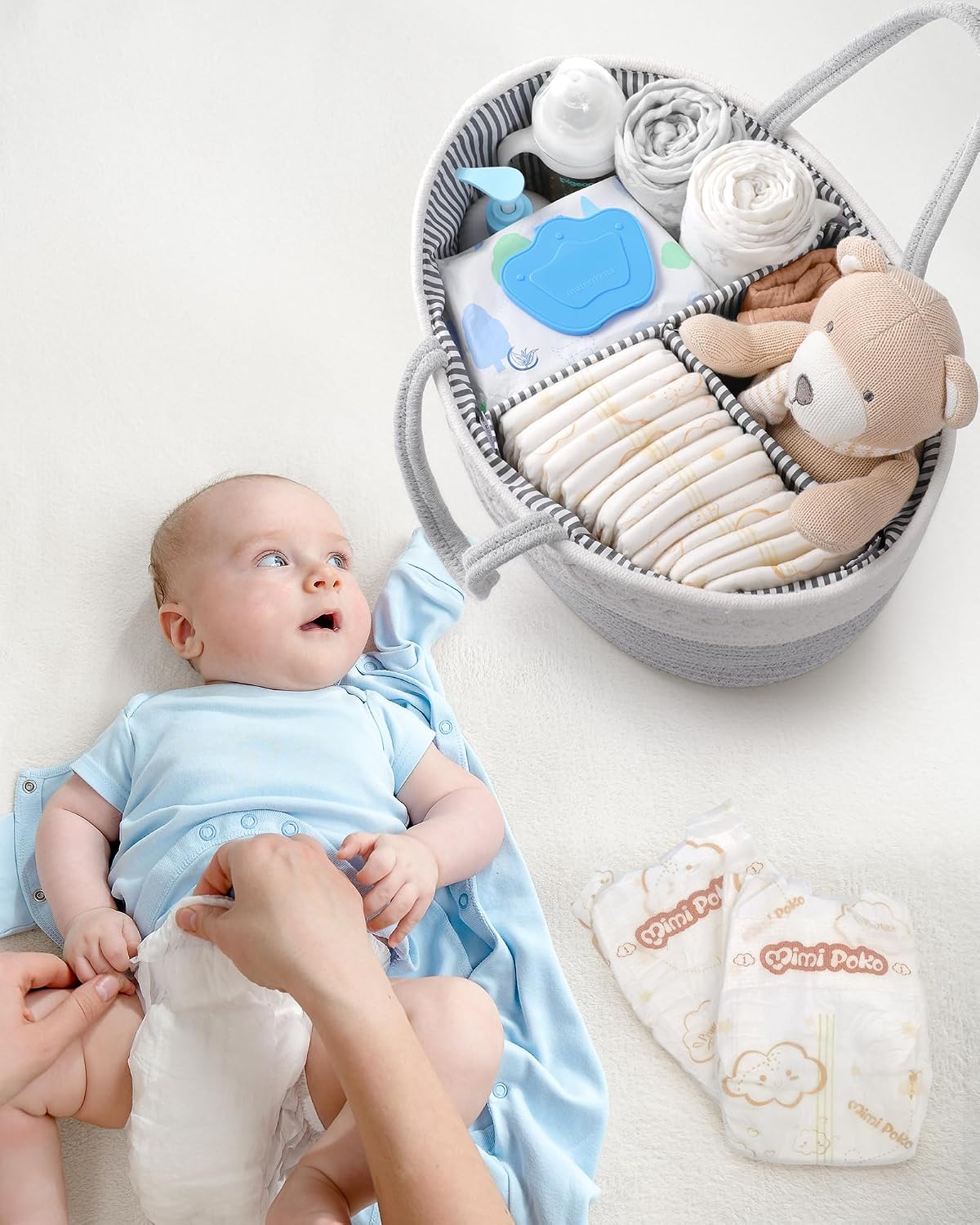 Maliton Diaper Caddy Organizer for Baby Boy- Cotton Rope for Changing Table, Nursery Storage, Newborn Baby Must Have Items