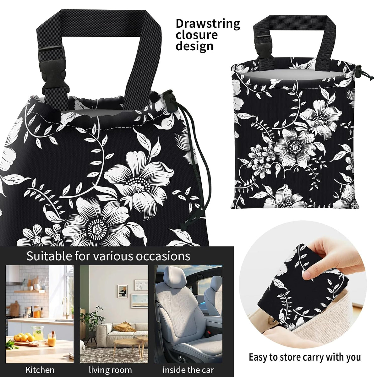 Car Trash Bag Large Hanging Can for Back of Seat, Cute Waterproof Car Garbage Bag for Vehicle, Travelling, Outdoor Beautiful Black White Floral