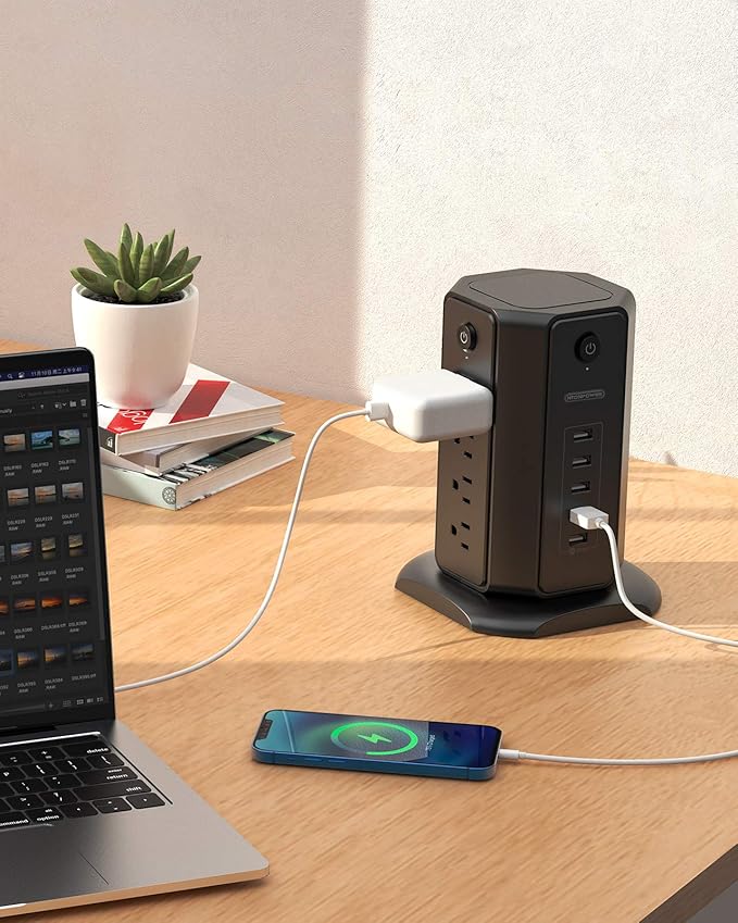 10ft Extension Cord Power Strip Tower, NTONPOWER Flat Plug Surge Protector with 8 Outlets 5 USB Desktop Charging Station, Individual Switches, 1080 Joules, 13A Circuit Breaker for Home Office, Black
