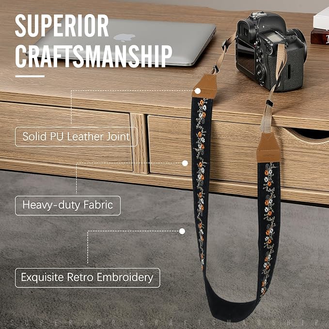MoKo Camera Strap, Cotton Vintage Embroidered Camera Strap, Adjustable Neck &