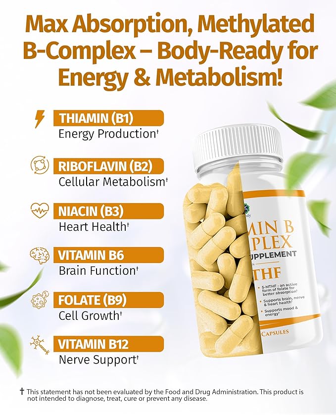 1 Body Vitamin B Complex – Methylated B12, 5-MTHF Folate, High Potency B Vitamins for Energy, Stress, Brain & Heart Support, Vegan, 60 Capsules
