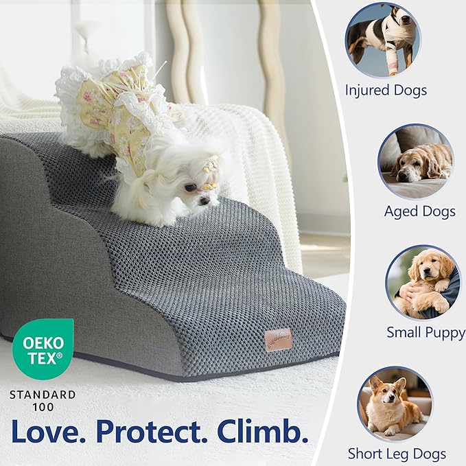 GoGoBunny Ramp Dog Stairs for High Beds 22.6" H, 5-Step Dog Slope Stairs with Durable Waterproof Fabric Cover, Pet Steps for Old Large Dogs Climbing, Non-Slip Sturdy Indoor Step, Grey