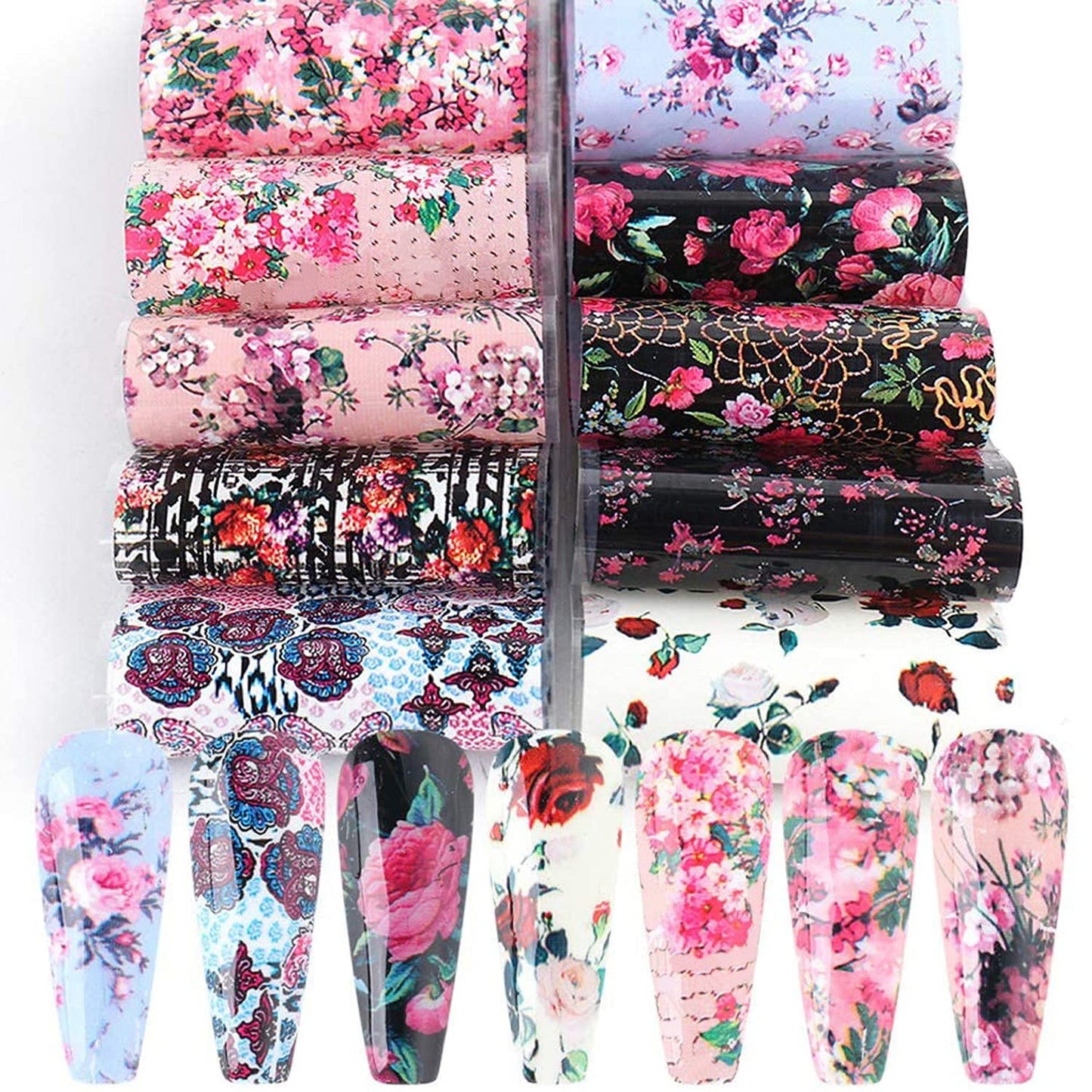 Retro Flower Nail Art Foil Transfer Stickers, Nail Art Stickers Foil Transfers Decals Holographic Rose Flowers Starry Sky Design