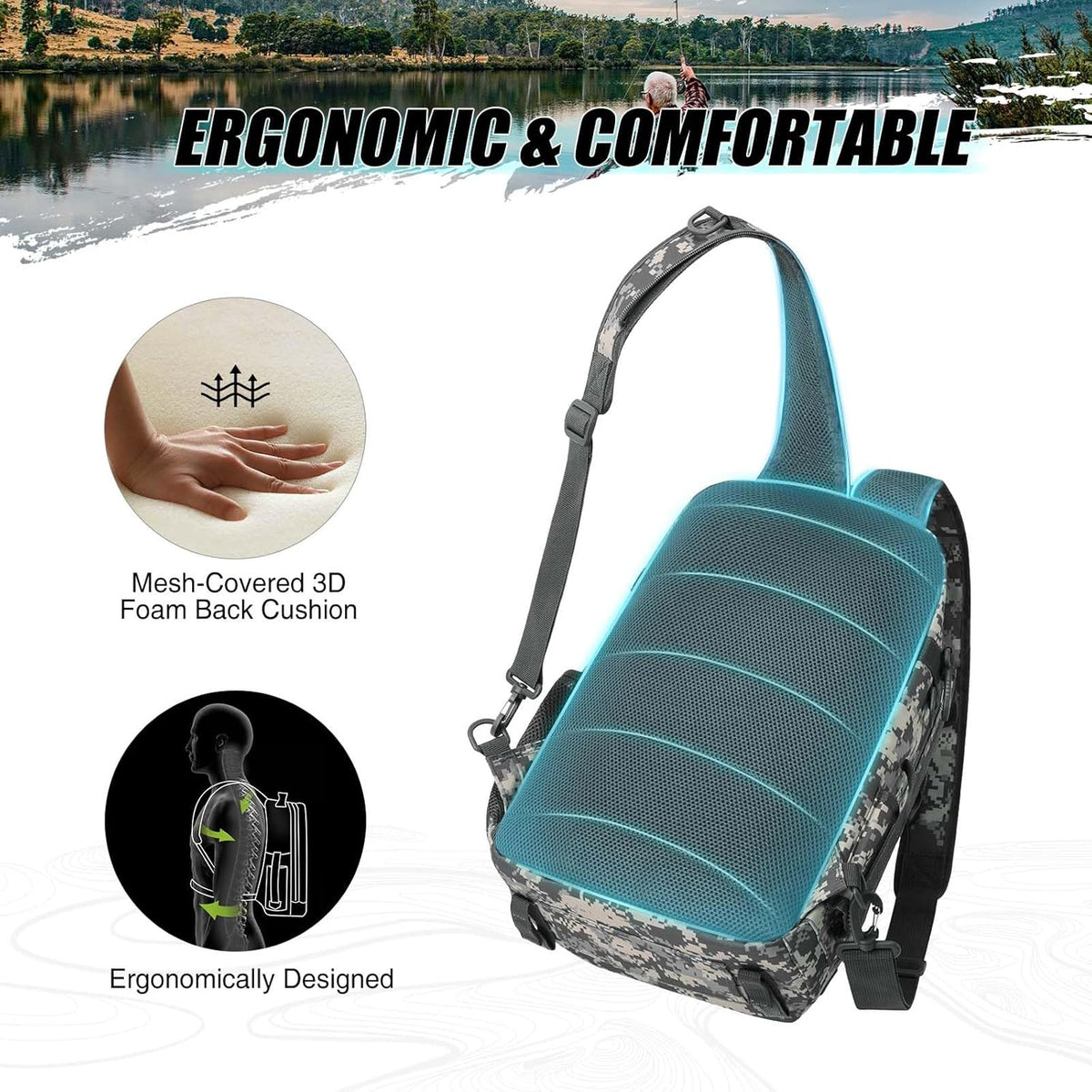 Piscifun Fishing Backpack - Lightweight Sling Bag with Rod Holder for Gear Storage